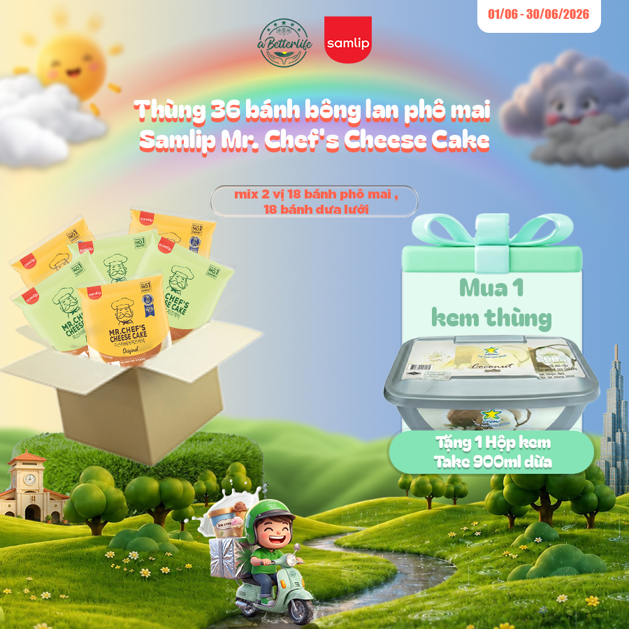 Thùng 36 bánh bông lan phô mai Samlip Mr. Chef's Cheese Cake 105g mix 2 vị 18 bánh phô mai 18 bánh d
