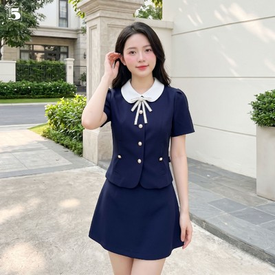 Set bộ nữ Twentyfive gồm áo cổ sen phối nơ và chân váy chữ A phong cách tiểu thư SAVH87