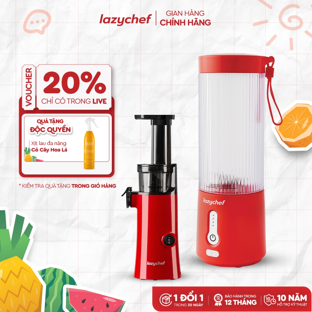 [Combo tiết kiệm] Máy Ép Chậm Mini 130W Lazychef và Máy Xay Sinh Tố Cầm Tay Lazychef 3in1 450ml