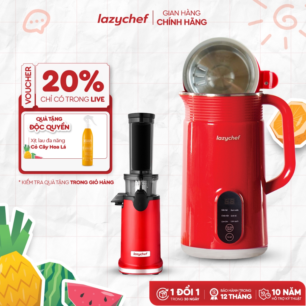 [Combo Ăn Lành] Máy làm sữa hạt 5in1 nắp inox Lazychef và máy ép chậm mini 3S Lazychef