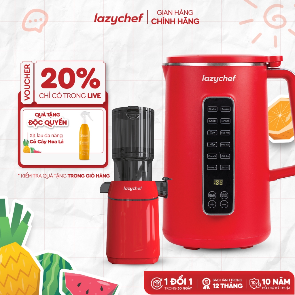 [Combo Yêu Nước] Máy Làm Sữa Hạt 12in1 1200ml Lazychef và Máy Ép Chậm Nguyên Quả 3S Lazychef