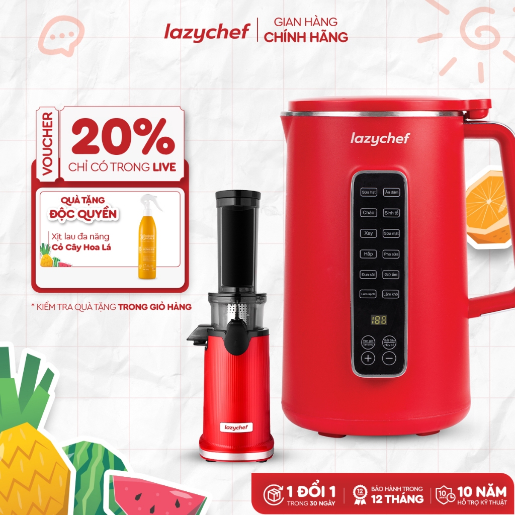 [Combo tiết kiệm] Máy Làm Sữa Hạt 12in1 Lazychef và Máy Ép Chậm Mini Lazychef - Hàng Chính Hãng