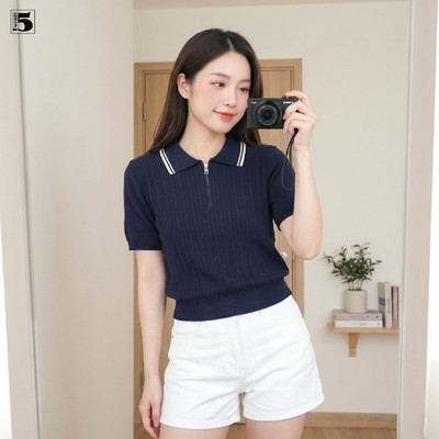 Áo len mongtoghi nữ Twentyfive ngắn tay cổ polo phối viền kéo khóa trước ngực 6977