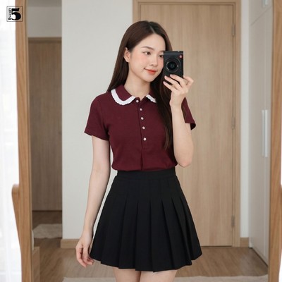 Áo thun nữ Twentyfive ngắn tay, cổ sen phối viền bèo nữ tính 7218