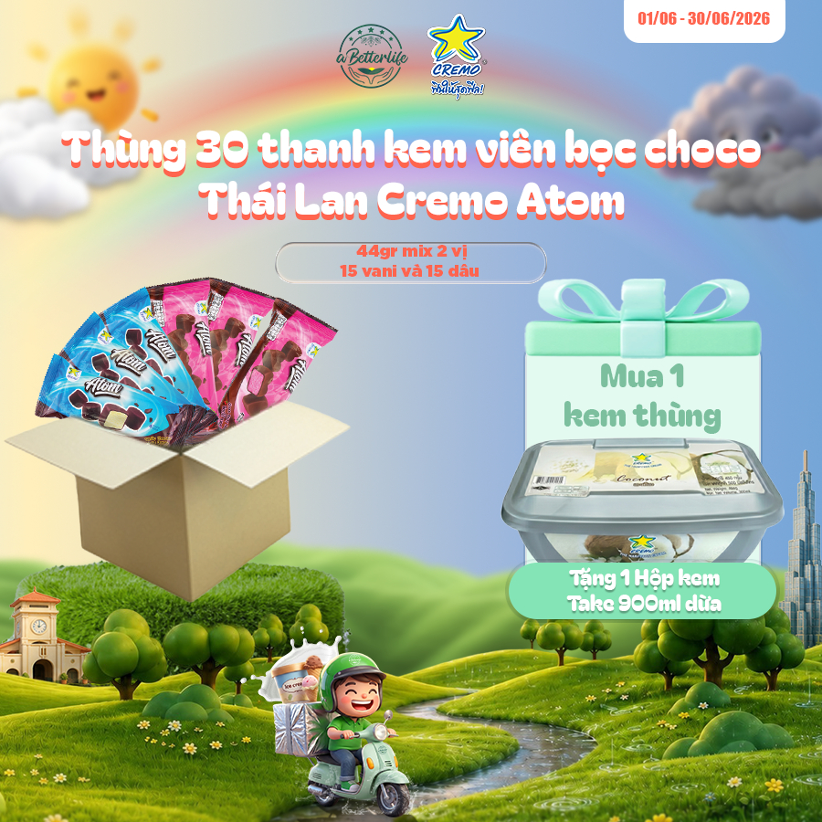 Thùng 30 thanh kem viên bọc choco Thái Lan Cremo Atom 44gr mix 2 vị 15 vani và 15 dâu ABetterLife
