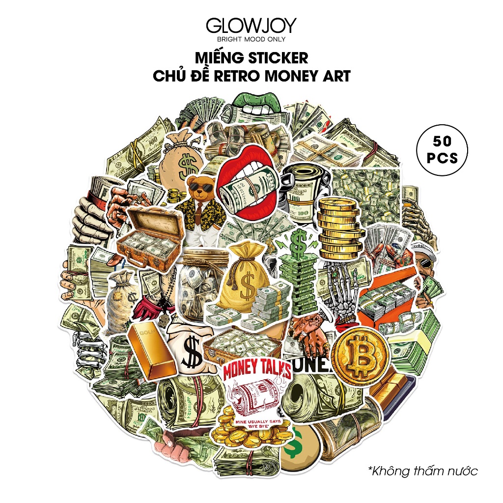 Set 50 sticker chủ đề RETRO MONEY ART trang trí Laptop, Vali, Bình Nước, Sổ Tay | GlowJoy SGL25