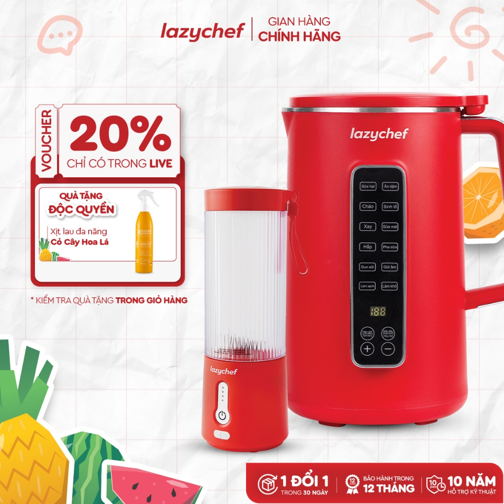 [Combo tiết kiệm] Máy Làm Sữa Hạt Lazychef 12in1 và Máy Xay Sinh Tố Cầm Tay Lazychef 3in1 450ml
