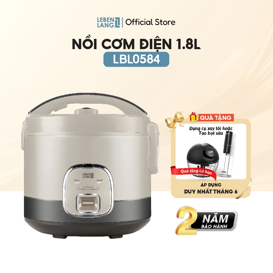 Nồi Cơm Điện Lebenlang 1.8L LBL0584, 950W, Lòng Inox 304, Giữ Ấm Tự Động, Bảo Hành 2 Năm- chính hãng