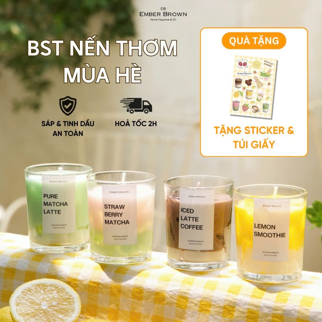 Nến Thơm Phòng Quà Tặng EMBER BROWN Thư Giãn Hương MATCHA LATTE DÂU CHANH CÀ PHÊ TẶNG STICKER