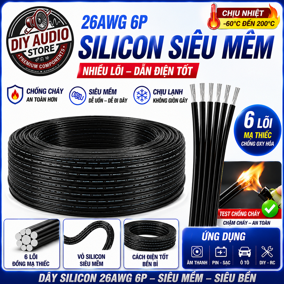 Dây Bẹ (Bus) 26AWG 6P Silicon Chống Cháy 600V – Mềm Dẻo, Chịu Nhiệt Cao, Dây Tín Hiệu 26 AWG, Dây Cá