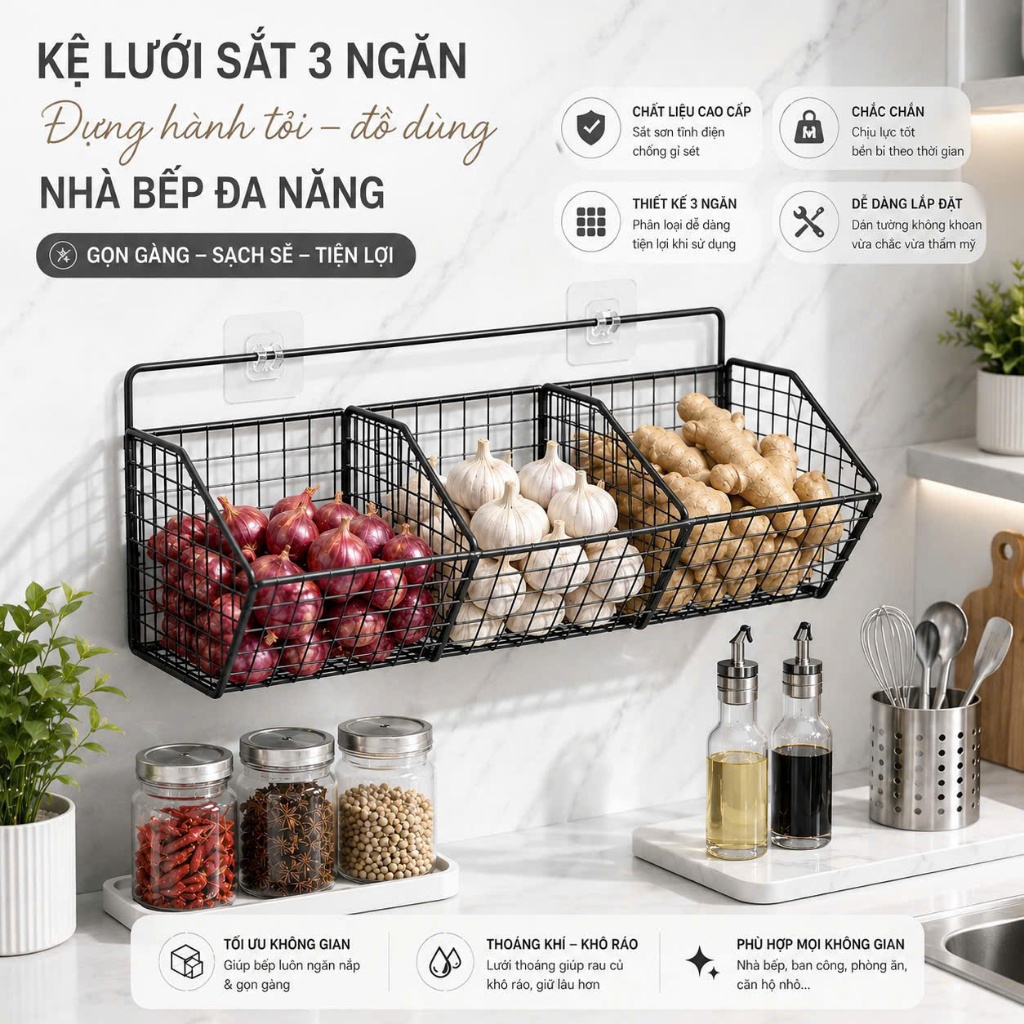 Kệ Ngiêng 3 Khay Đựng Hành Tỏi Ớt, Gia Vị Dán Tường Kèm miếng dán