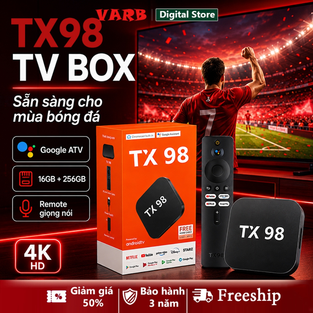 Đầu thu Android TV Box TX98 Pro 2026, Google TV 4K UHD chính hãng, xem Netflix, YouTube, hỗ trợ WiFi, Bluetooth, tặng kè | BigBuy360 - bigbuy360.vn