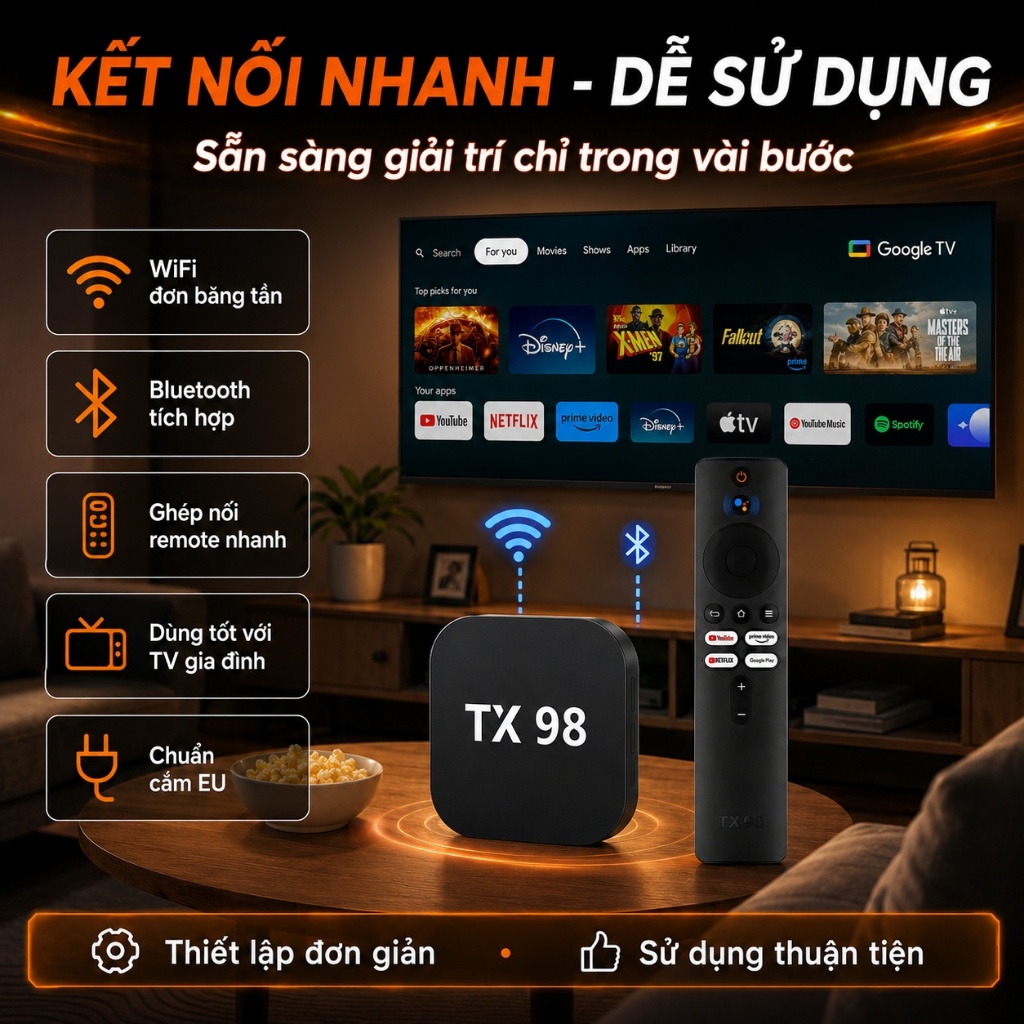 Đầu thu Android TV Box TX98 Pro 2026, Google TV 4K UHD chính hãng, xem Netflix, YouTube, hỗ trợ WiFi, Bluetooth, tặng kè | BigBuy360 - bigbuy360.vn