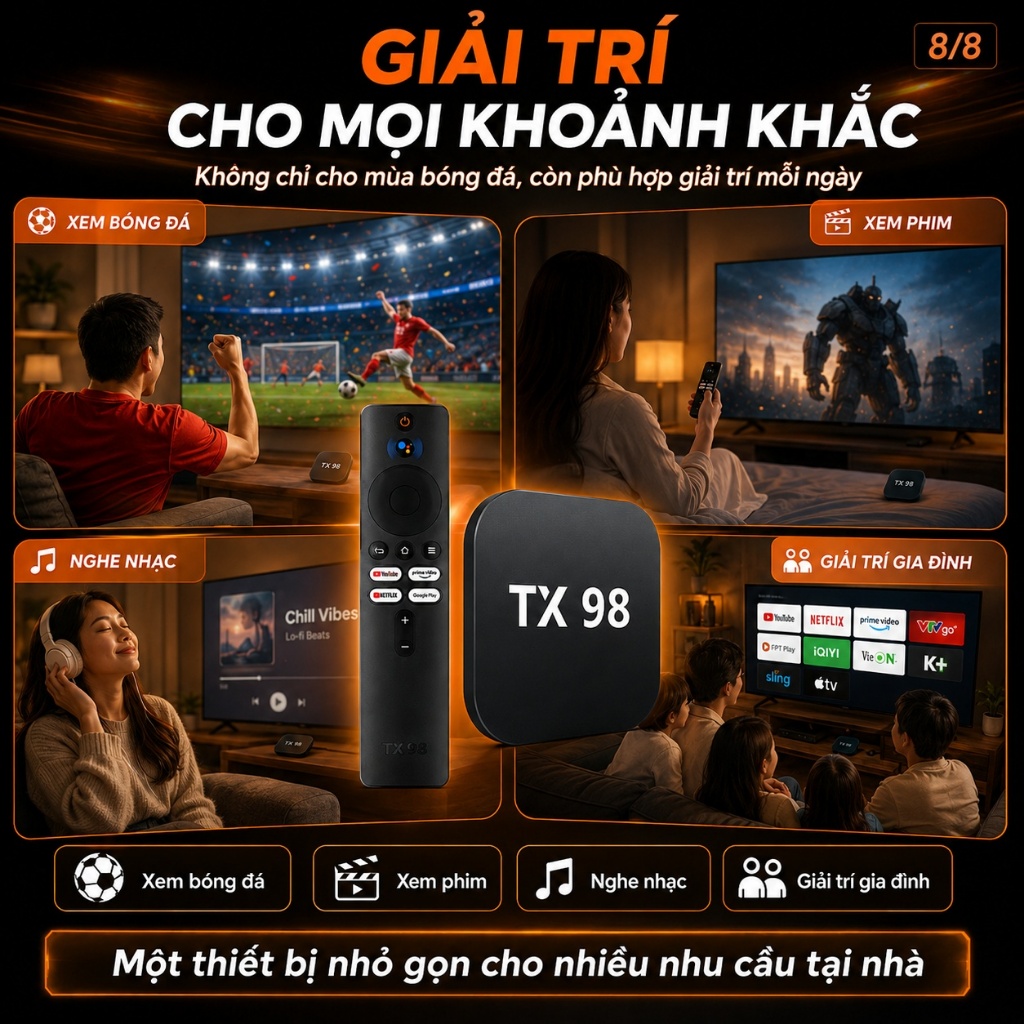 Đầu thu Android TV Box TX98 Pro 2026, Google TV 4K UHD chính hãng, xem Netflix, YouTube, hỗ trợ WiFi, Bluetooth, tặng kè | BigBuy360 - bigbuy360.vn
