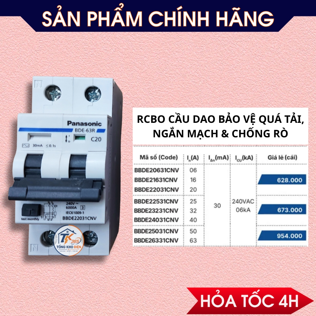 Át Chống Giật Panasonic 20A - CB Chống Giật, Aptomat Chống Giật RCBO Panasonic Chính Hãng