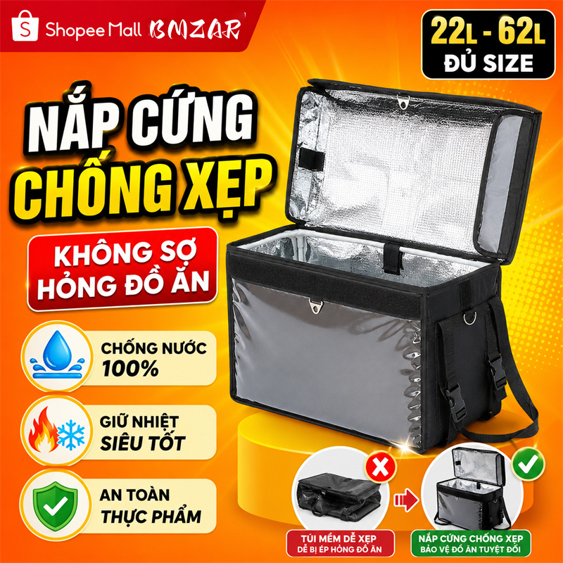 BMZAR Túi Giữ Nhiệt Giao Hàng Dày Dặn Chống Nước Tốt Cho Shipper 22L 32L 48L 62L (Tặng Kèm Dây Đeo Vai)
