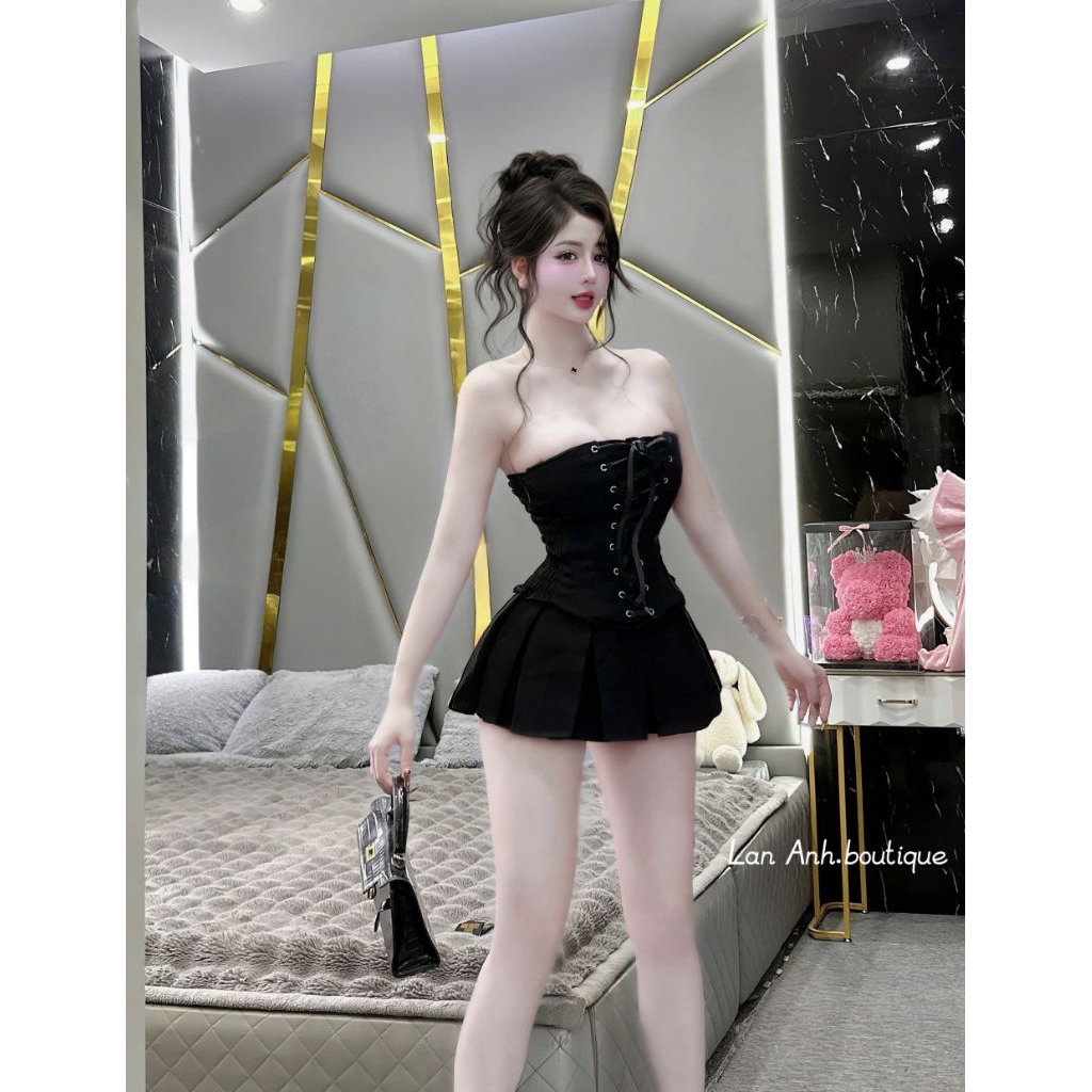 Set Bộ Cúp Có Dây Vai Trong Đóng Mc Đan Nơ + Chân Váy Xếp Ly Tùng Xoè
 | BigBuy360 - bigbuy360.vn
