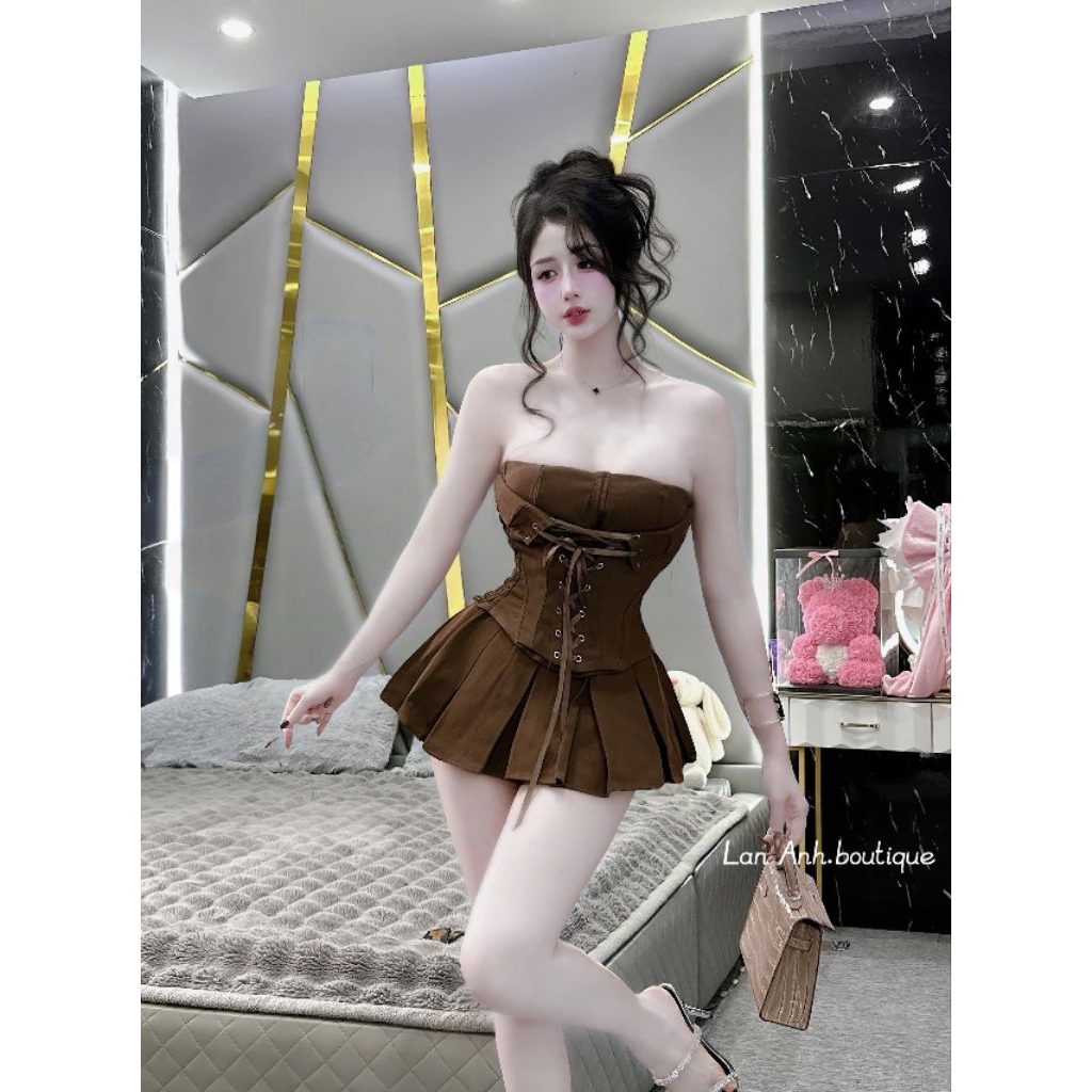 Set Bộ Cúp Có Dây Vai Trong Đóng Mc Đan Nơ + Chân Váy Xếp Ly Tùng Xoè
 | BigBuy360 - bigbuy360.vn