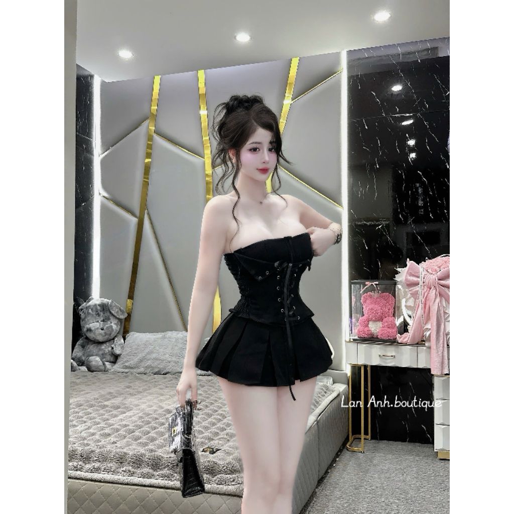 Set Bộ Cúp Có Dây Vai Trong Đóng Mc Đan Nơ + Chân Váy Xếp Ly Tùng Xoè
 | BigBuy360 - bigbuy360.vn