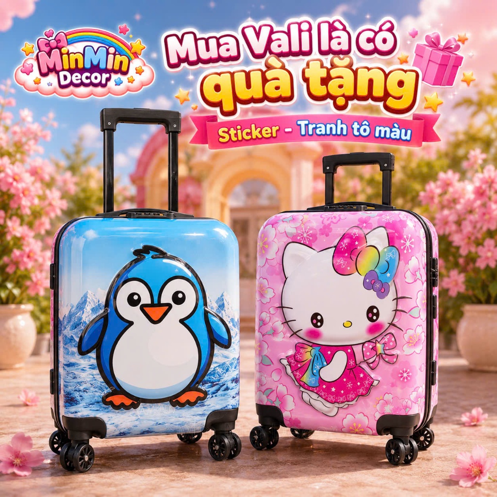 Vali trẻ em labubu in hình siêu đẹp dorremon chuột Mickey, vali kéo xách tay, vali bé vali đi học bé