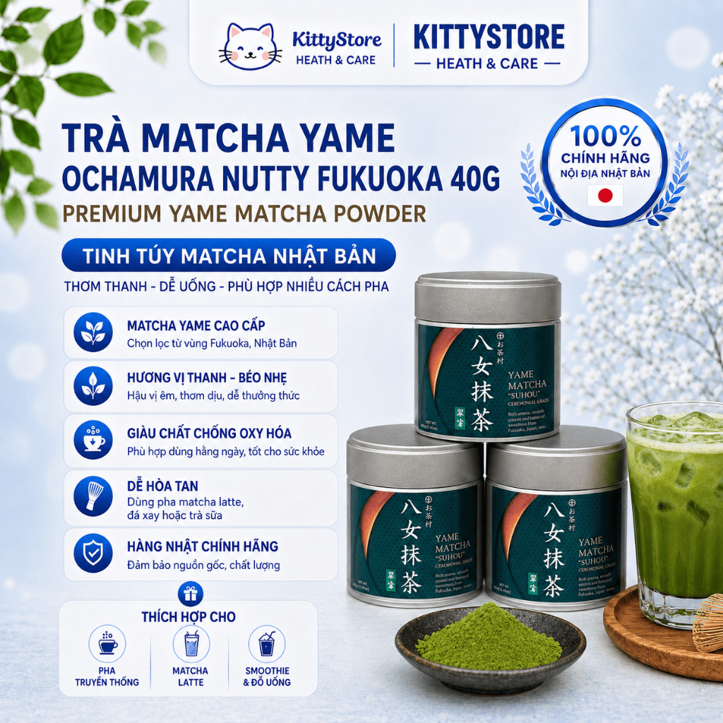 Trà Matcha Yame Ochamura Nutty Fukuoka Hũ 40g Nhật Bản