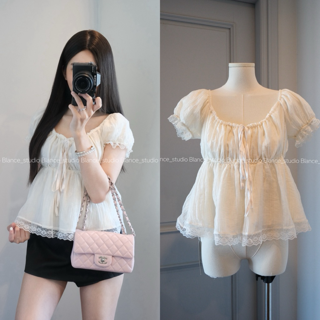 𝐁𝐋𝐀𝐍𝐂𝐄 𝐒𝐓𝐔𝐃𝐈𝐎 ♡ Áo cộc tay ren nhún bèo xoè eo
