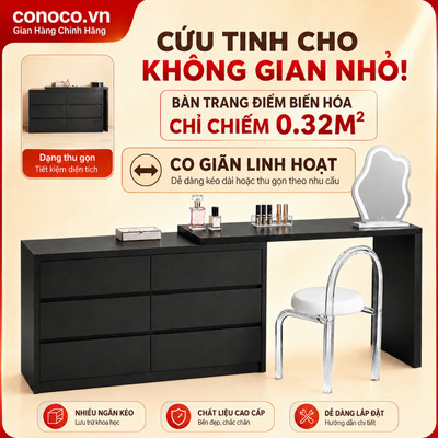 Bàn trang điểm xoay 360° CONOCO tủ ngăn kéo MDF chống ẩm bàn làm việc đa năng