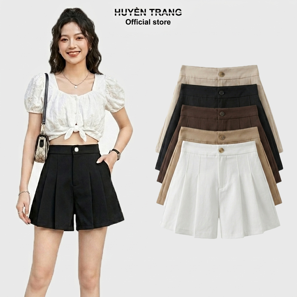 Quần short nữ cạp cao lưng thun ống rộng mỏng ngoài xếp ly giản dị M306