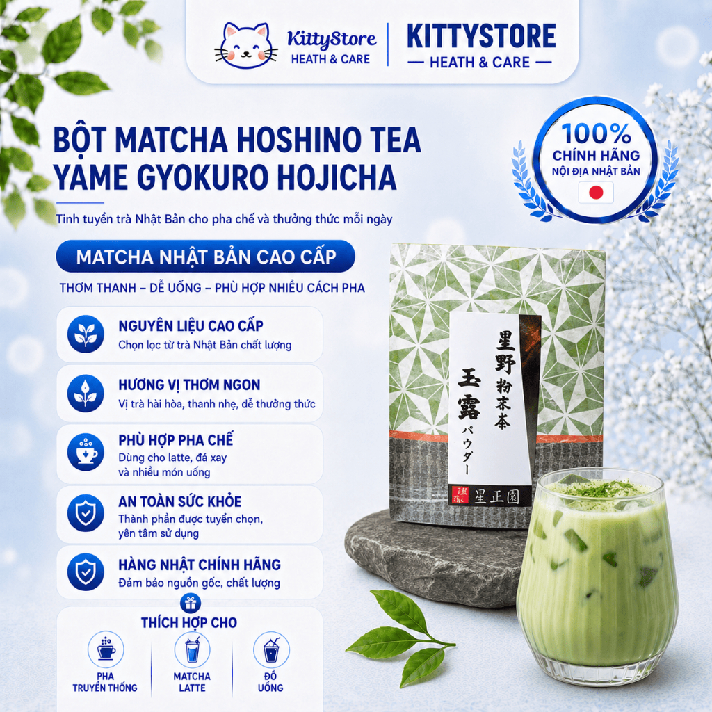 Hoshino Tea Yame Bột Matcha Gyokuro Hojicha Thơm Béo - Hậu Vị Dày, Mượt, Độ Umami Cao