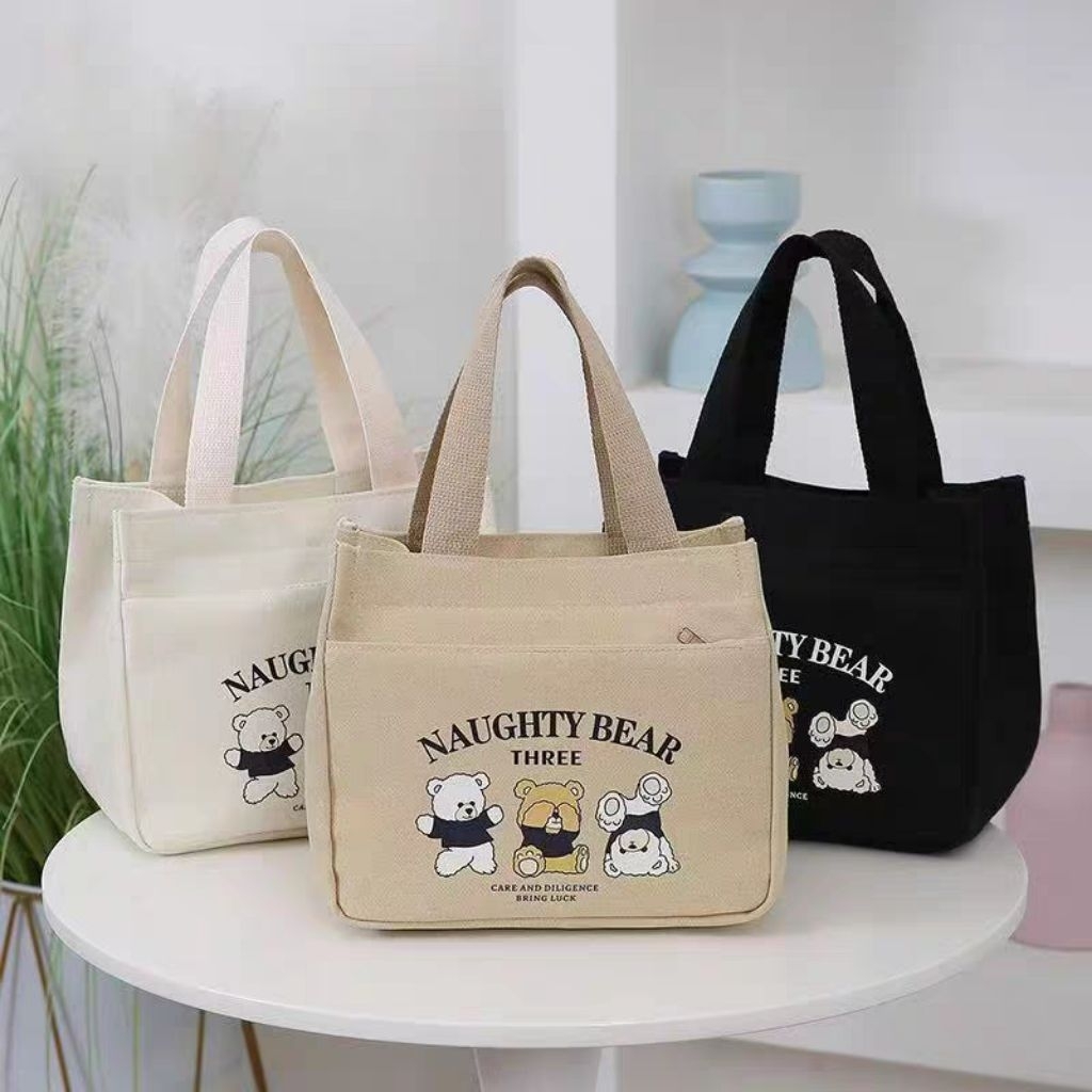 Túi Canvas Phom Hộp Naughty Bear 25x22cm - Túi Vải Xách Tay Mini Đa Năng Có Ngăn Phụ Khóa Kéo