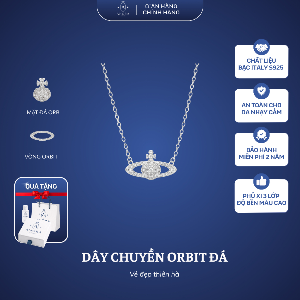 Vòng cổ nữ AMORA Orbit đá trắng bạc S925 thiết kế hành tinh đính đá AMORA JEWELRY DC001