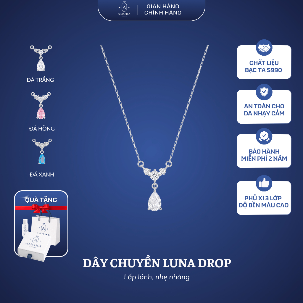 Vòng cổ nữ AMORA Luna Drop liền mặt thiết kế giọt nước 3 màu bạc ta S99 AMORA JEWELRY DC005