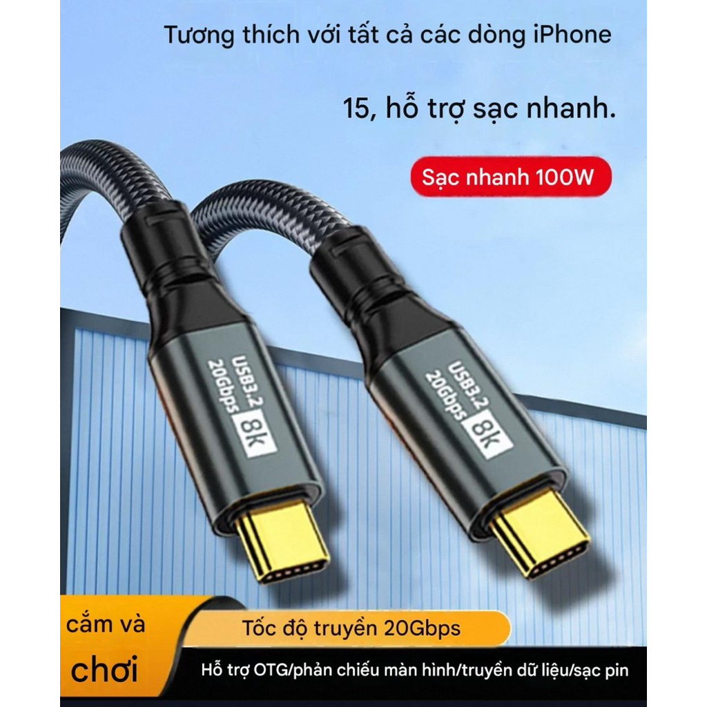 [20Gbps / 8K ] Dây cáp sạc nhanh USB Type C to Type C 3.2 100W 20V truyền dữ liệu 20Gbps bọc dù Truy