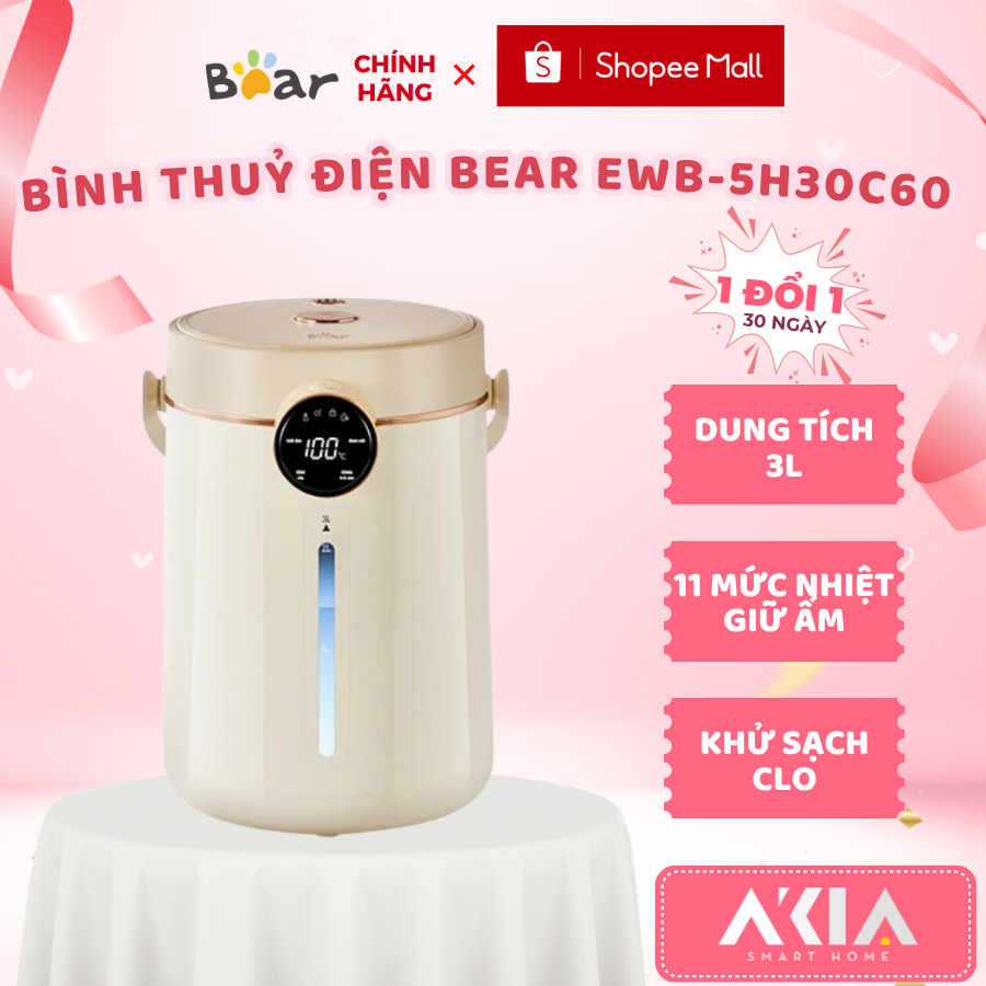 Bình thủy điện 3L Bear EWB-5H30C60, đun sôi nhanh, khử Clo, 11 chức năng, giữ ấm, chính hãng