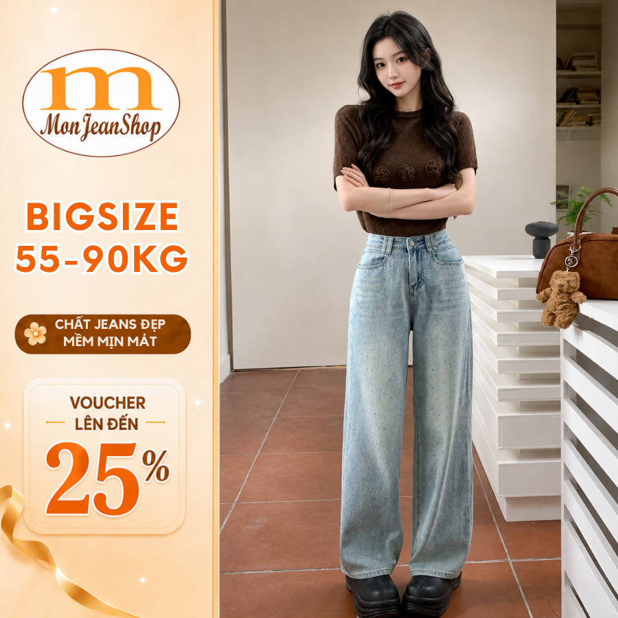 Quần Jean Nữ Ống Suông Rộng Bigsize 55-90kg Đính Đá Sang Trọng, Kiểu Quần Bò Form Dáng Ống Rộng Bigsize Ms241 | BigBuy360 - bigbuy360.vn