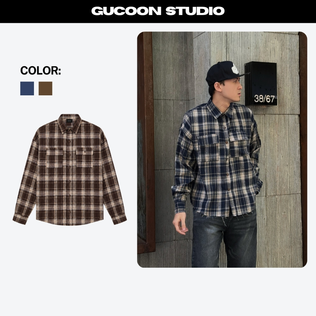 Áo Sơ Mi Flannel GUCOON Unisex, Áo Sơ Mi Nam Nữ Tay Dài Form Rộng Hoạ Tiết Oversize Flannel Nâu Xanh