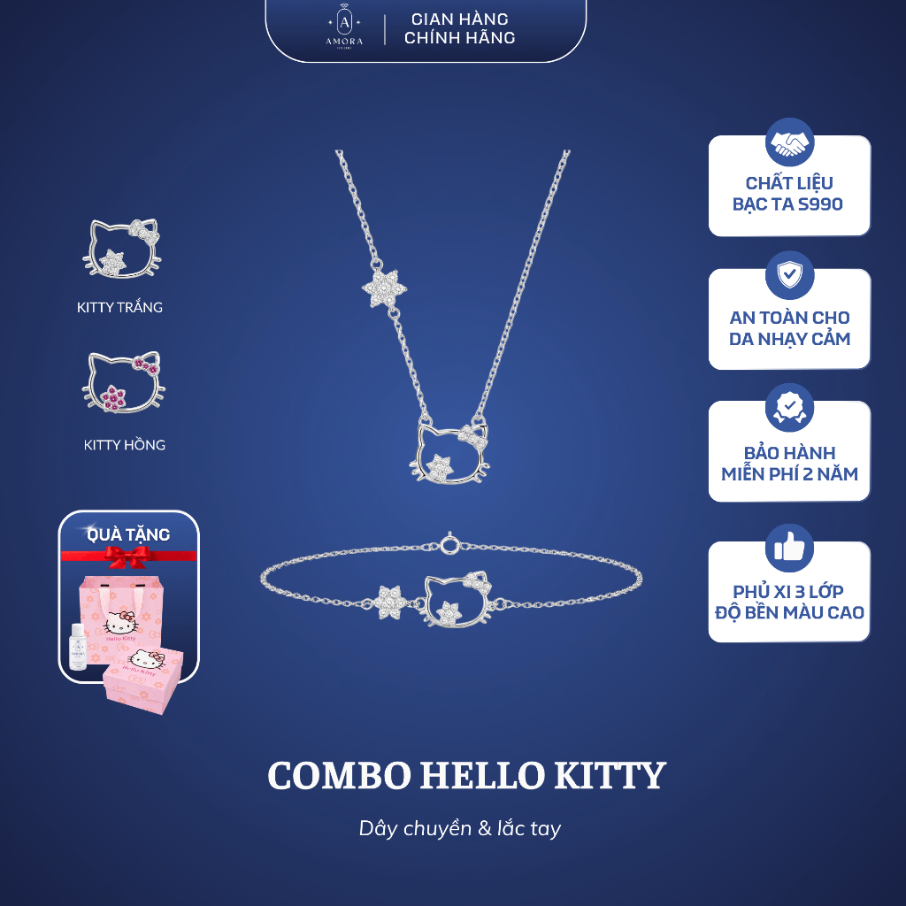Bộ phụ kiện trang sức nữ AMORA dây chuyền & lắc tay mặt mèo Hello Kitty bạc ta S99 AMORA JEWELRY STS