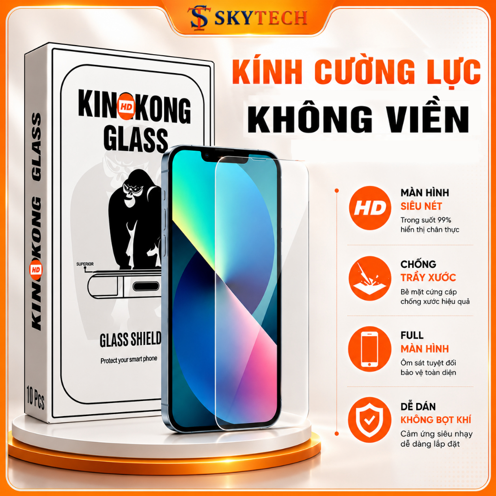 KHÔNG VIỀN - Kính Cường Lực iPhone Vô Cực Full 95% Đủ Dòng Từ X/XsMax – 16Promax - 17 Pro Max Skytech