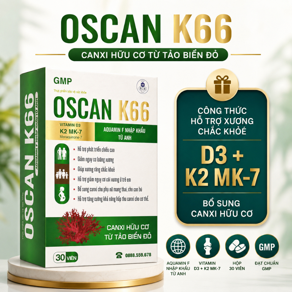 Oscan K66 canxi hữu cơ Aquamin F, Vitamin D3 K2 MK7 hỗ trợ hấp thu canxi, xương răng 30 viên