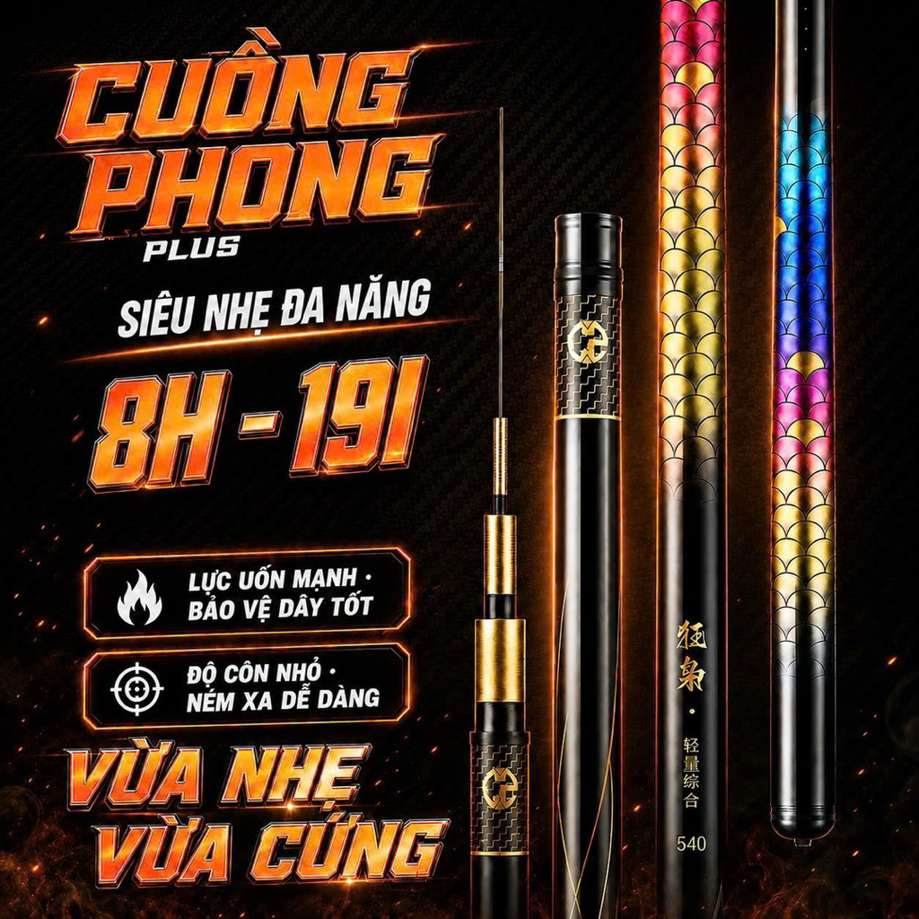 Cần Cuồng Phong Plus 8h e  về đủ size 3m6-8m1 ah 3m6 =  , 4m5 =  , 5m4 =  , 6m3 =  , 7m2 =  , 8m1 = 