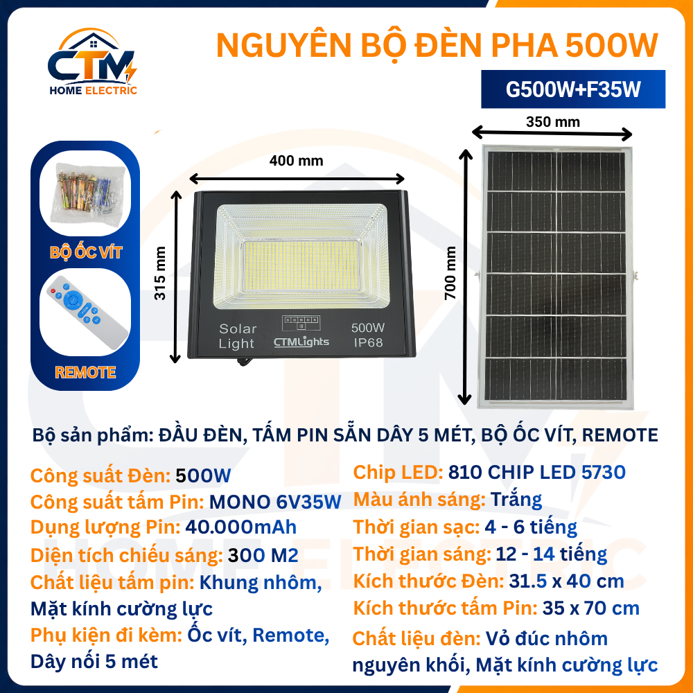 Đèn Năng Lượng Mặt Trời Cỡ Lớn 500W, Chống Nước IP68, Vỏ Nhôm Đúc
