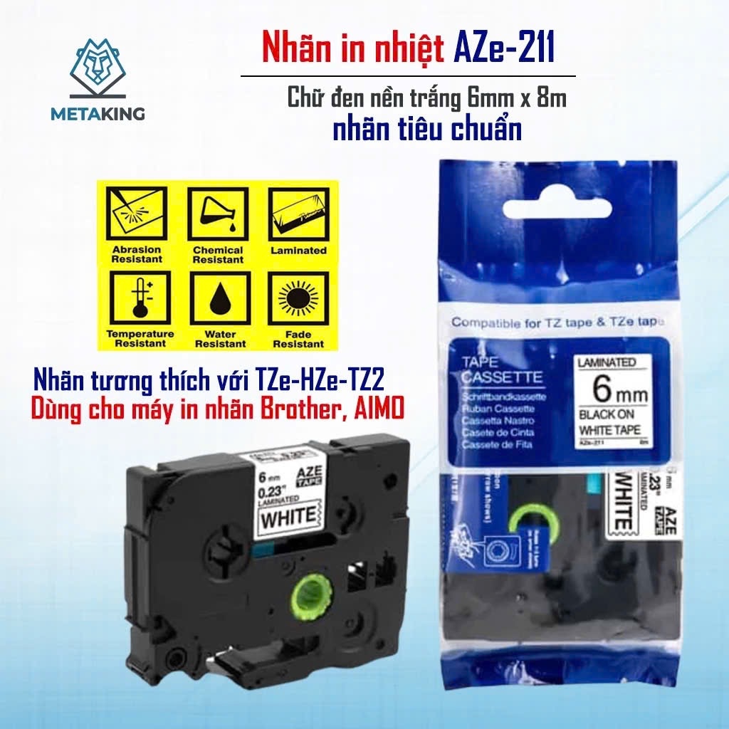 Băng nhãn AZe-211 (6mm x 8m) - Black on White I Dùng cho Máy Brother PT-E110/PT-E300, D210 / Aimo E1