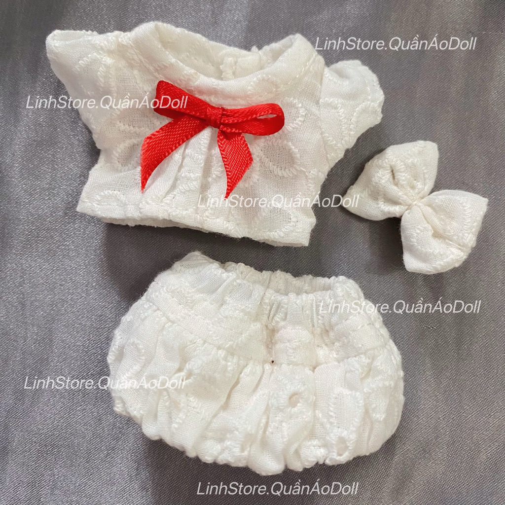 [Quần áo búp bê] SET QUẦN BÍ KÈM NƠ DOLL 5IN