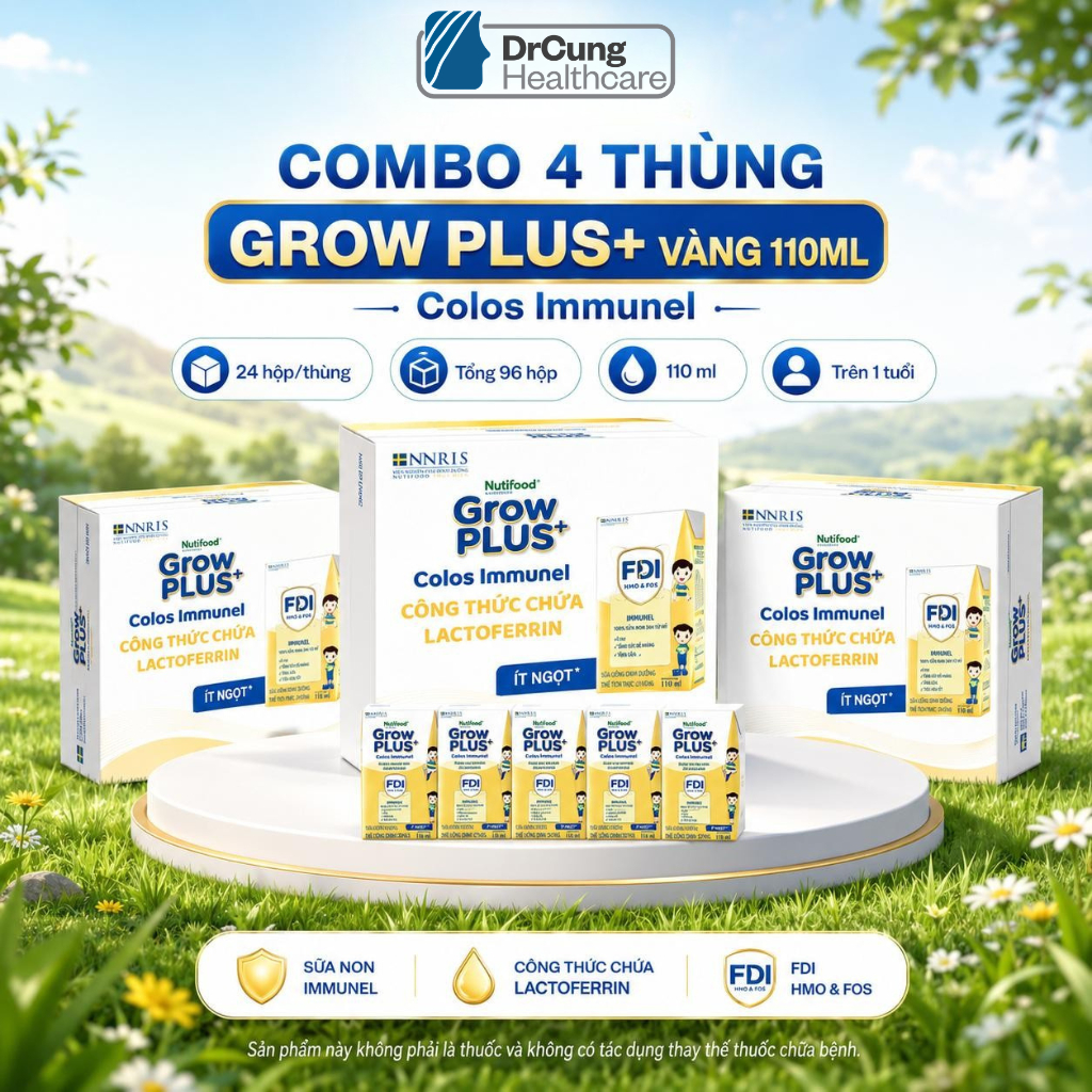 4 Thùng GROW VÀNG 24 Hộp 110ml Sữa Dinh Dưỡng Nutifood GrowPLUS+ Sữa Non Immunel - Tăng Đề Kháng (96