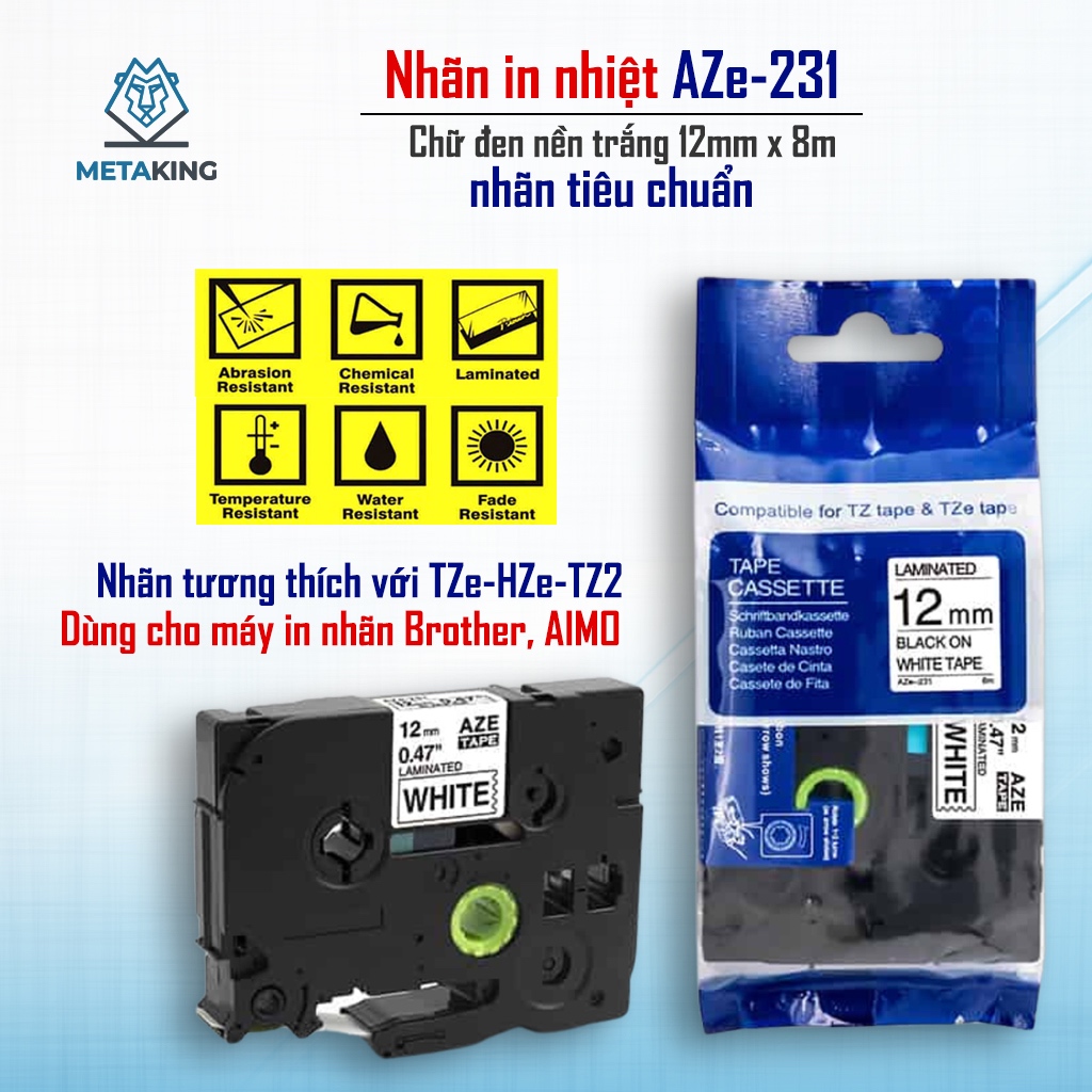 Băng nhãn AZe-231 (12mm x 8m) - Black on White I Dùng cho Máy Brother PT-E110/PT-E300, D210 / Aimo E