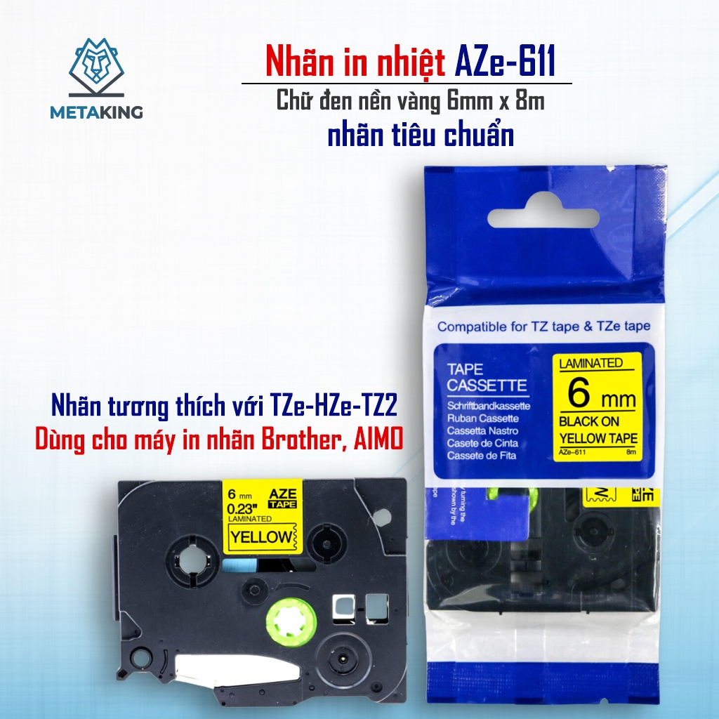 Băng nhãn AZe-611 (6mm x 8m) - Black on YellowI Dùng cho Máy Brother PT-E110/PT-E300, D210 / Aimo E1