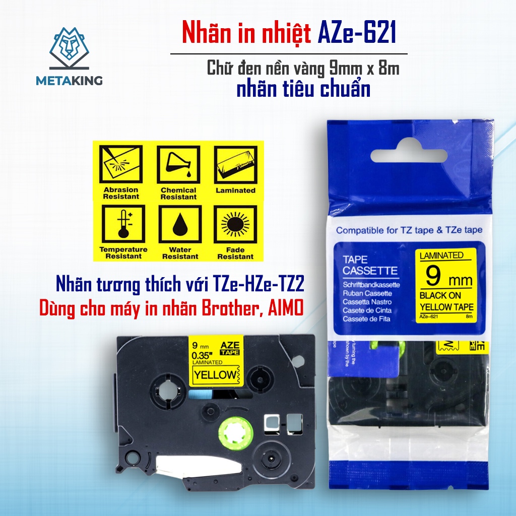 Băng nhãn AZe-621 (9mm x 8m) - Black on YellowI Dùng cho Máy Brother PT-E110/PT-E300, D210 / Aimo E1