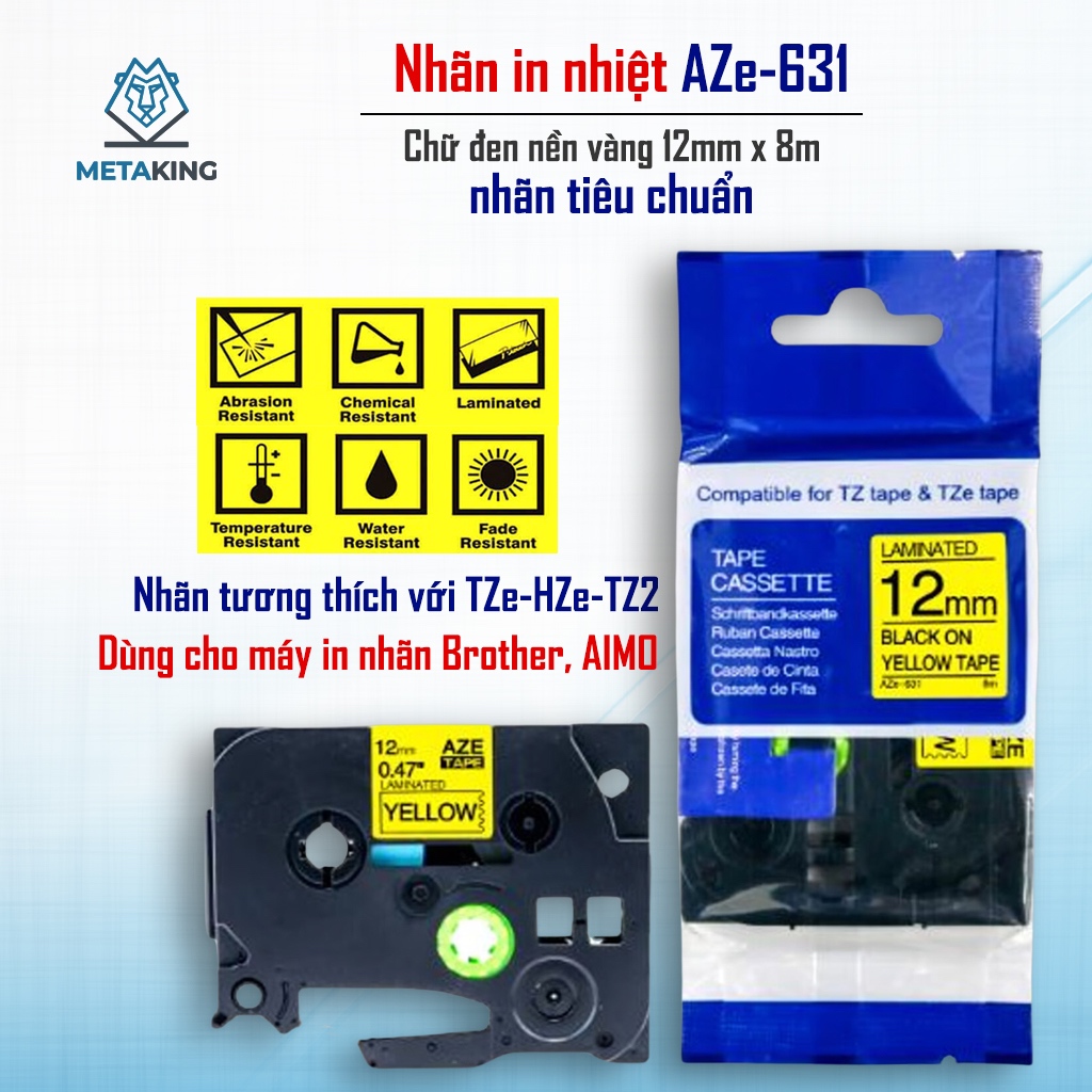 Băng nhãn AZe-631 (12mm x 8m) - Black on YellowI Dùng cho Máy Brother PT-E110/PT-E300, D210 / Aimo E