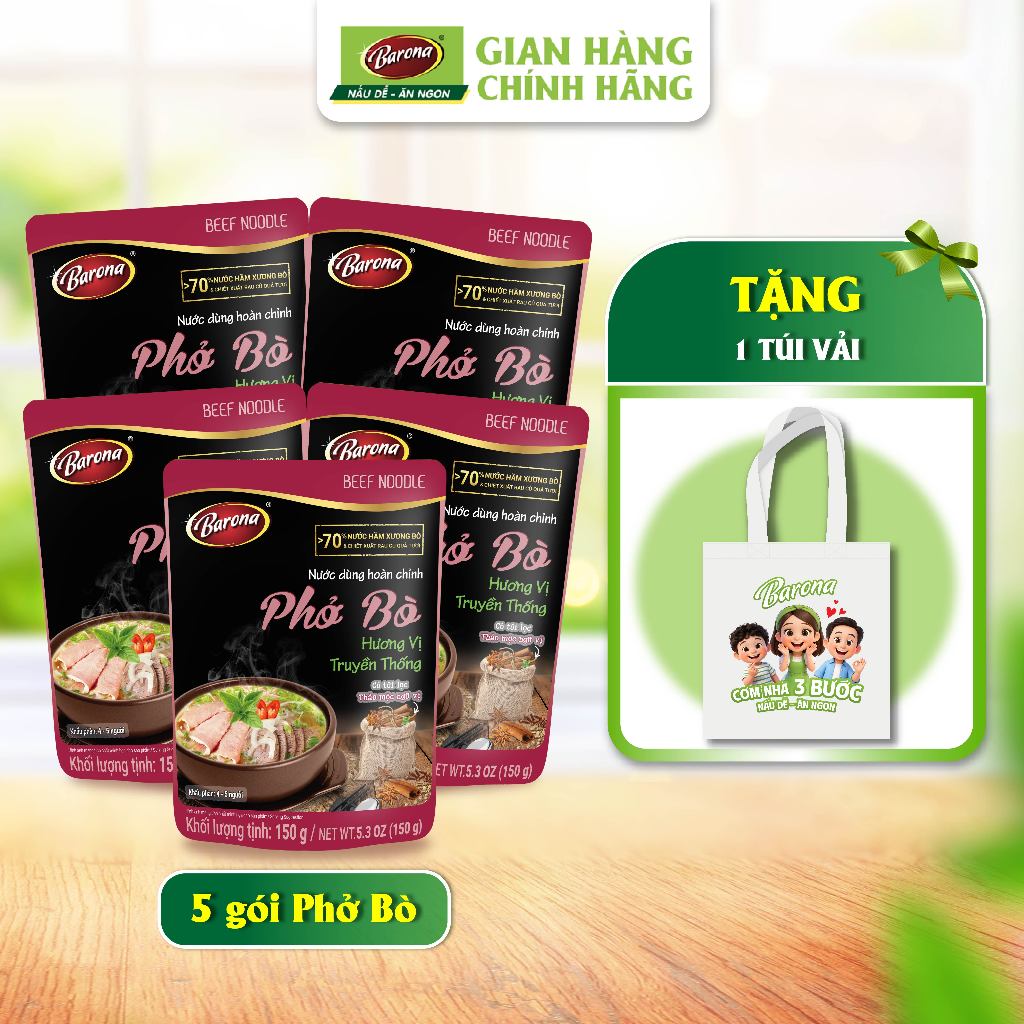 Bộ 5 gói Nước dùng Phở Bò Barona 150g + Tặng 1 túi vải Canvas thân thiện môi trường