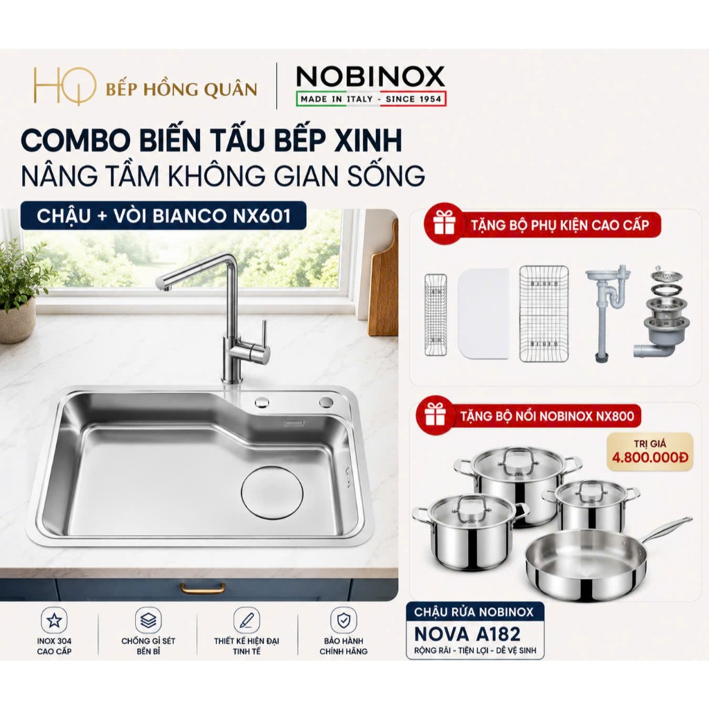 Chậu rửa 1 hố Nobinox NOVA A182 + Vòi rửa BIANCO NX601 ( Tặng Bộ Nồi PLANUM NX800 )